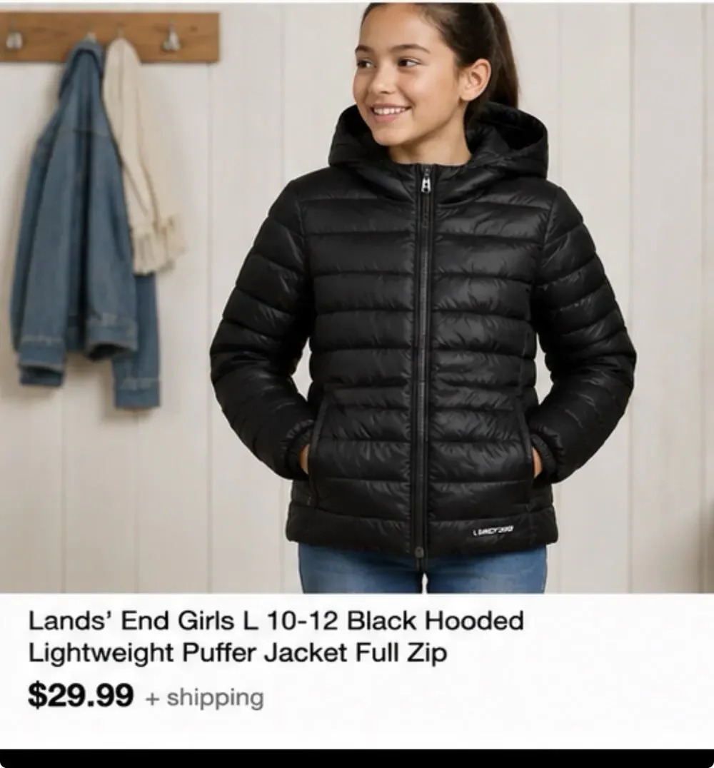 Lands End Girls L 10-12 Black Hooded Lightweight Puffer Jacket Full Zip